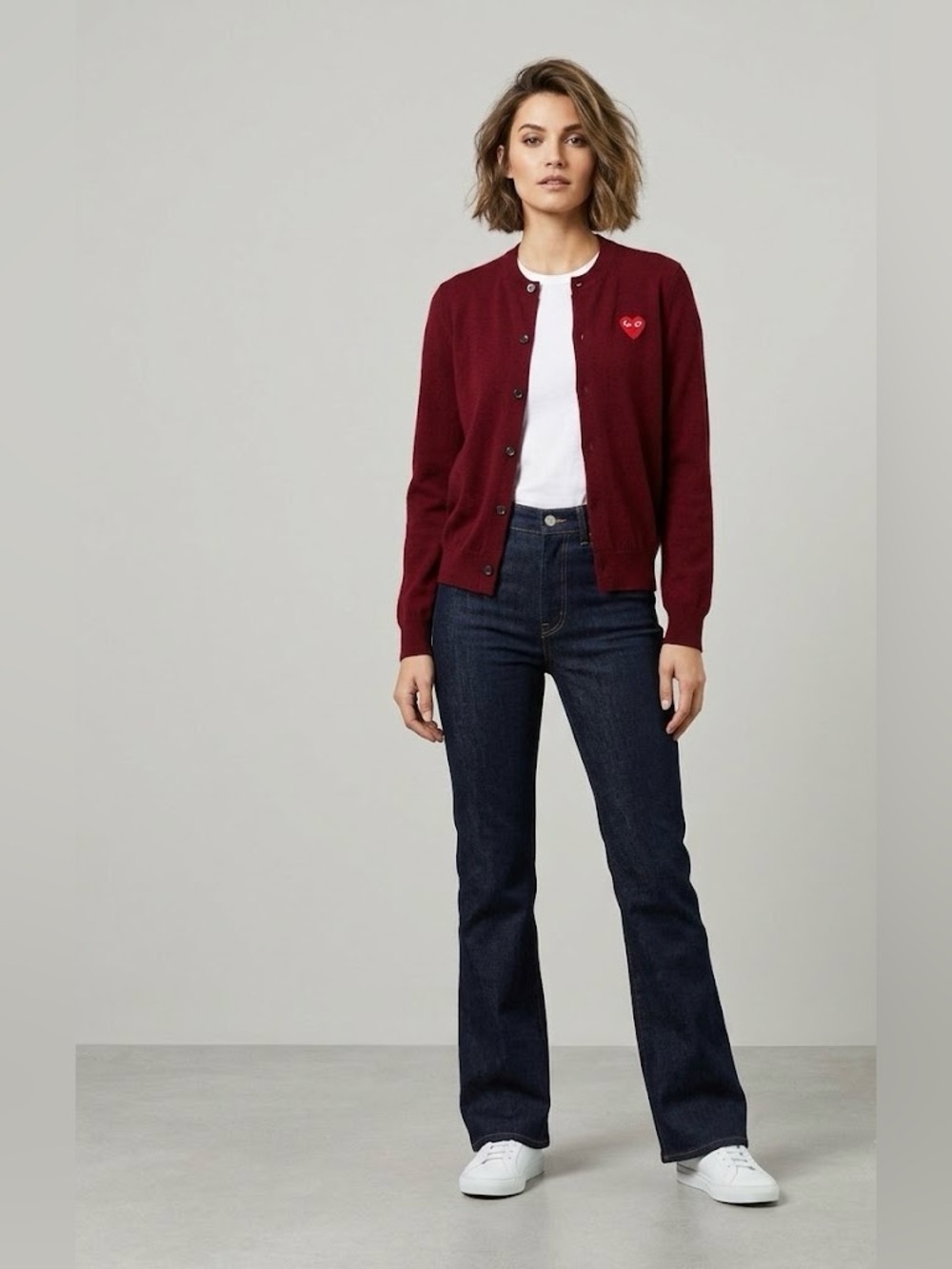 Comme des Garçons Play Burgundy Wool Cardigan Red Heart Logo - Size M